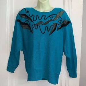 Vtg 80s P Galli embroidered & beaded turquoise sweater with dolman sleeves